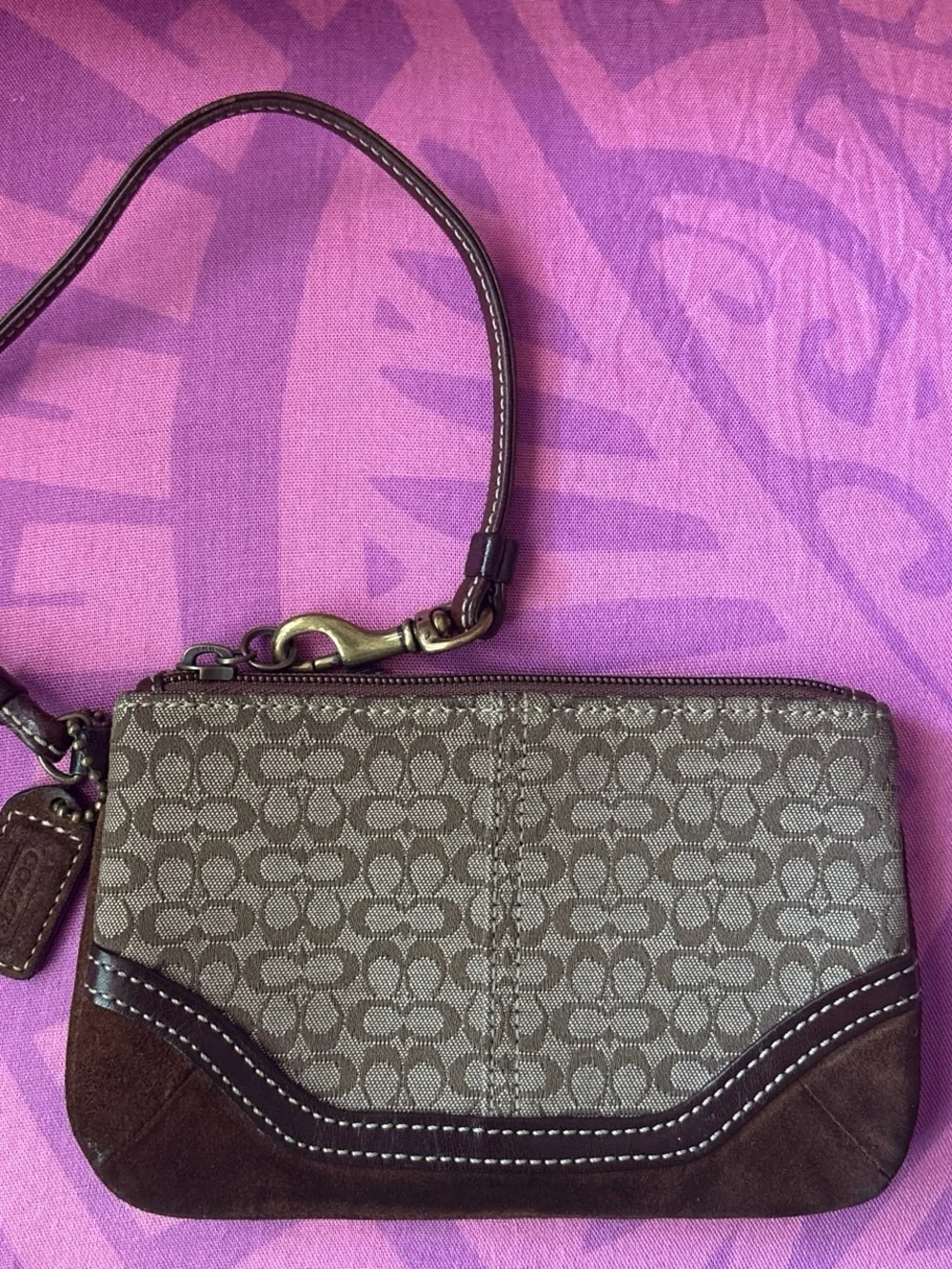 Coach Brown Signature Wristlet with Dark Brown Trim